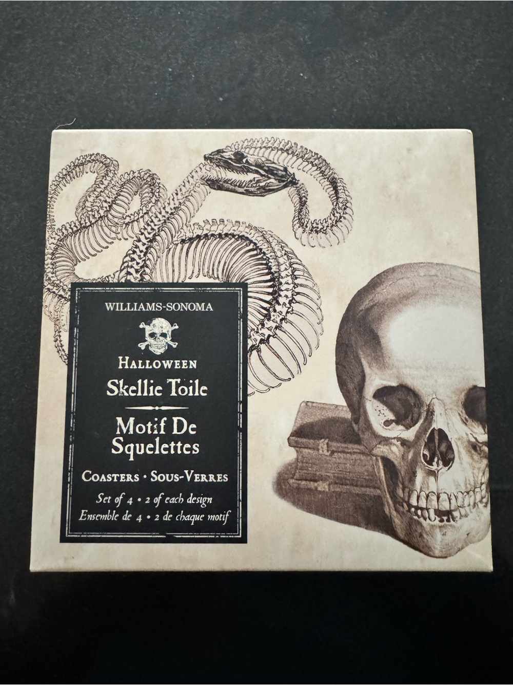 Williams Sonoma Halloween Skellie Toile Coasters - Beige Skull Design